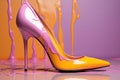 Yellow high heel shoe sitting on top of a table next to a dripping wall.