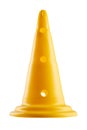 Yellow high traffic cone stands on a white background, restricts movement