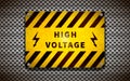 Yellow high voltage sign on metallic grid, industrial background