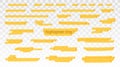 Yellow highlighter lines set isolated on transparent background. Marker pen highlight underline strokes. Vector hand