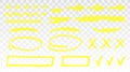 Yellow highlighter set - lines, arrows, crosses, check, oval, rectangle isolated on transparent background. Marker pen Royalty Free Stock Photo
