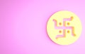 Yellow Hindu swastika religious symbol icon isolated on pink background. Minimalism concept. 3d illustration 3D render
