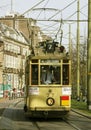 Netherlands -2022. Yellow historical streetcar at the lange vijverberg in The Hague, driving museum in the Netherlands