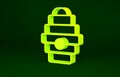 Yellow Hive for bees icon isolated on green background. Beehive symbol. Apiary and beekeeping. Sweet natural food