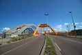 Yellow Hogeweidebrug suspension bridge in Utrecht with seperate lanes for traffic Royalty Free Stock Photo