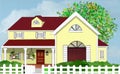 Yellow Home House With Tree and White Picket Fence Royalty Free Stock Photo