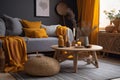 yellow home pillow sofa boho grey interior cushion house modern decor. Generative AI.