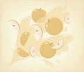 Yellow honey cut slices and round apples flying against the background of apple yellow shiny juice with spray drawing vector illus
