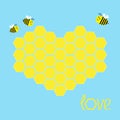 Yellow honeycomb set in shape of heart. Bee insect. Beehive element. Honey icon. Love greeting card. Isolated. Blue background. Royalty Free Stock Photo