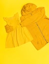 Yellow hoodie hugging a small yellow dress on a yellow background. Royalty Free Stock Photo