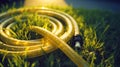 Yellow hose-pipe lying on a green grass. Sunny weather and morning dew droplets. Royalty Free Stock Photo