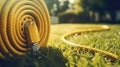 Yellow hose-pipe lying on a green grass. Sunny weather and morning dew droplets. Royalty Free Stock Photo
