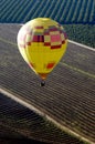 A yellow hot air balloon flies over the Temecula, California. Royalty Free Stock Photo