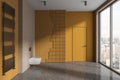 Yellow hotel bathroom interior with toilet and door, towel rail and window