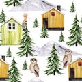 Yellow house in the forest among birds watercolor seamless pattern