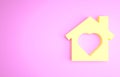 Yellow House with heart inside icon isolated on pink background. Love home symbol. Family, real estate and realty Royalty Free Stock Photo