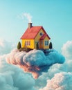 Yellow house perched above fluffy cloud-filled sky. Surrealism building in the sky