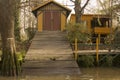 Yellow House and yellow boat in the forest Tigre Delta Buenos Aires Argentina Latin America South America nice Royalty Free Stock Photo