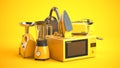 Yellow household kitchen appliances and home technics on yellow background. 3d loopable animation with alpha channel.