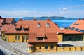 Yellow houses with tile roofs in Bergen, Norway Royalty Free Stock Photo