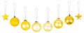 Yellow ÃÂ¡hristmas tree decorations set white background isolated closeup, golden hanging glass balls stars, New Year holiday Royalty Free Stock Photo