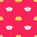 Yellow Human brain icon isolated seamless pattern on red background. Vector Illustration