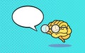 Yellow human brain wearing glasses cartoony icon with blank speech bubble illustration in pop art style