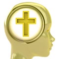 Yellow human head with brain cloud with golden cross inside