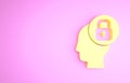 Yellow Human head with lock icon isolated on pink background. Minimalism concept. 3d illustration 3D render