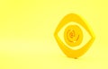 Yellow Hypnosis icon isolated on yellow background. Human eye with spiral hypnotic iris. Minimalism concept. 3d