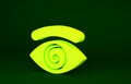 Yellow Hypnosis icon isolated on green background. Human eye with spiral hypnotic iris. Minimalism concept. 3d