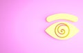 Yellow Hypnosis icon isolated on pink background. Human eye with spiral hypnotic iris. Minimalism concept. 3d