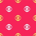 Yellow Hypnosis icon isolated seamless pattern on red background. Human eye with spiral hypnotic iris. Vector
