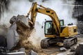 Excavator breaking rock and concrete on construction site. Generative AI Royalty Free Stock Photo