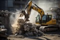 Excavator breaking rock and concrete on construction site. Generative AI Royalty Free Stock Photo