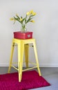 Yellow industrial stool and red rug