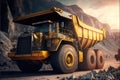 Yellow industry dump truck loading minerals copper, silver, gold, and other at coal mining quarry