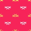 Yellow Industry metallic pipe icon isolated seamless pattern on red background. Plumbing pipeline parts of different