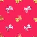 Yellow Industry metallic pipe and temperature icon isolated seamless pattern on red background. Plumbing pipeline parts