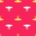 Yellow Industry metallic pipe and valve icon isolated seamless pattern on red background. Vector Illustration
