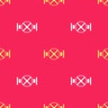 Yellow Industry metallic pipe and valve icon seamless pattern on red background. Vector
