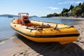 Yellow inflatable rescue boat on the beach.