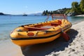 Yellow inflatable rescue boat on the beach. Royalty Free Stock Photo