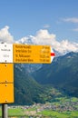 Yellow information sign on top of Harder Kulm, Interlaken, Switzerland. The tourist sign specifies the distances and directions.