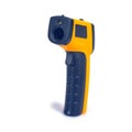 Yellow Infrared thermometer gun used to measure temperature on white background