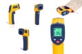 Yellow Infrared thermometer gun used to measure temperature on white