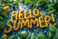 Yellow inscription Hello, summer and green tropical leaves. Royalty Free Stock Photo