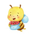 Yellow insect flies with a present. Cheerful bumble bee holds a basket full with flowers.