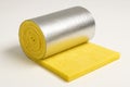 Yellow insulation roll on neutral background for construction and energy efficiency. concept of home improvement, thermal Royalty Free Stock Photo