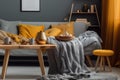 yellow interior modern home pillow grey cushion loft sofa house decor. Generative AI.